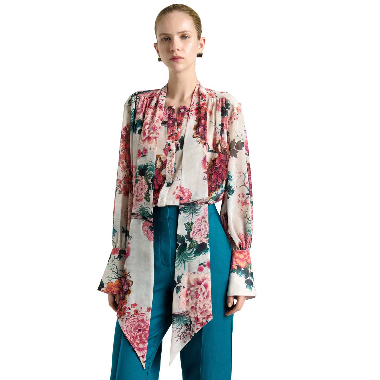 Cue Parchment Peacock Garden Georgette Tie Neck Blouse